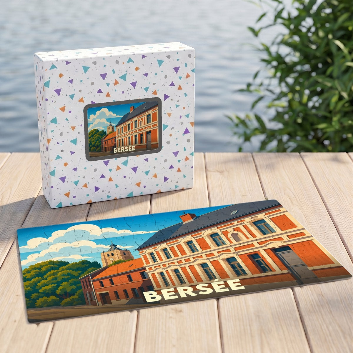 Puzzle souvenir de la ville de Bersée avec une illustration colorée et stylisée de son architecture.