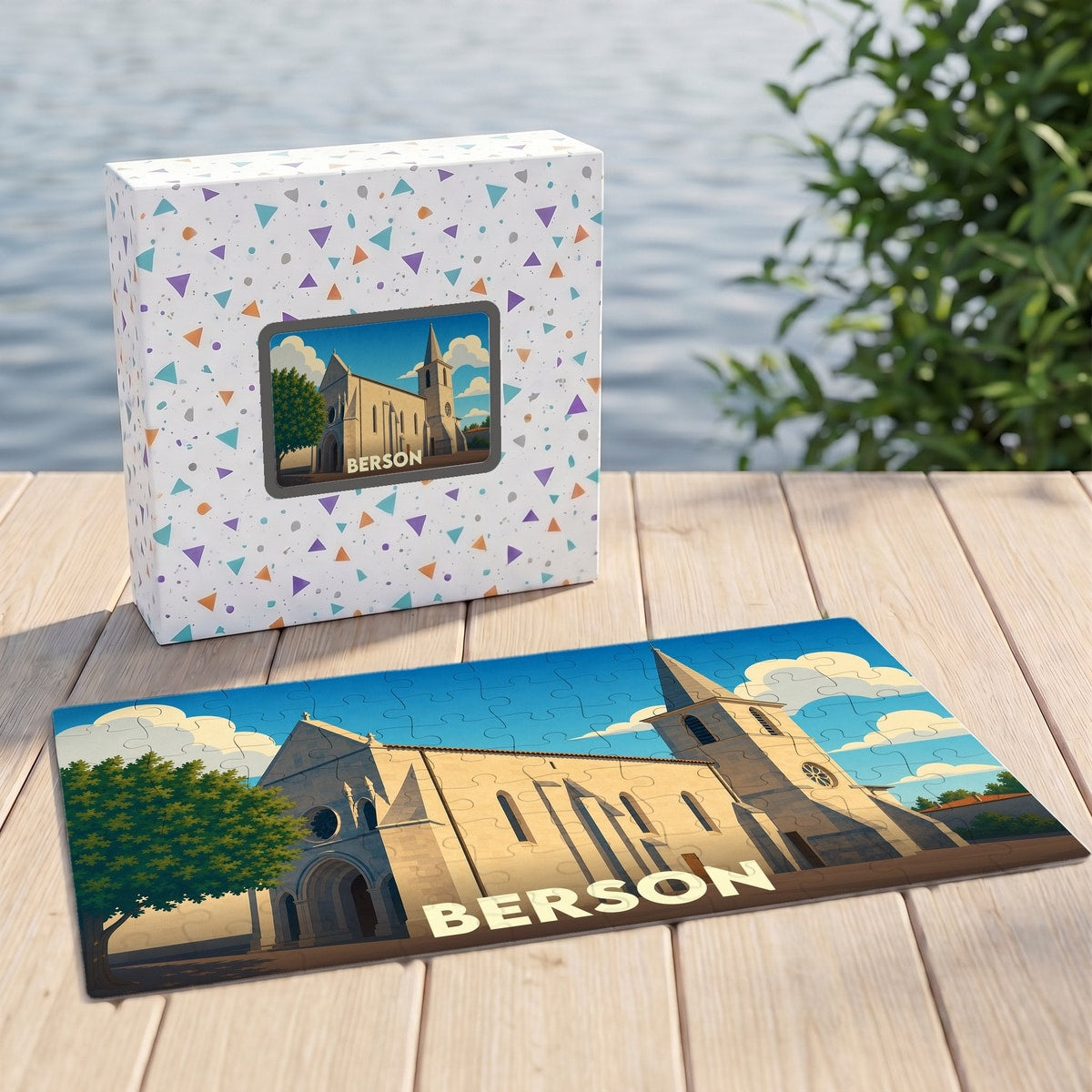 Puzzle souvenir de la ville de Berson avec une illustration stylisée d'une église.