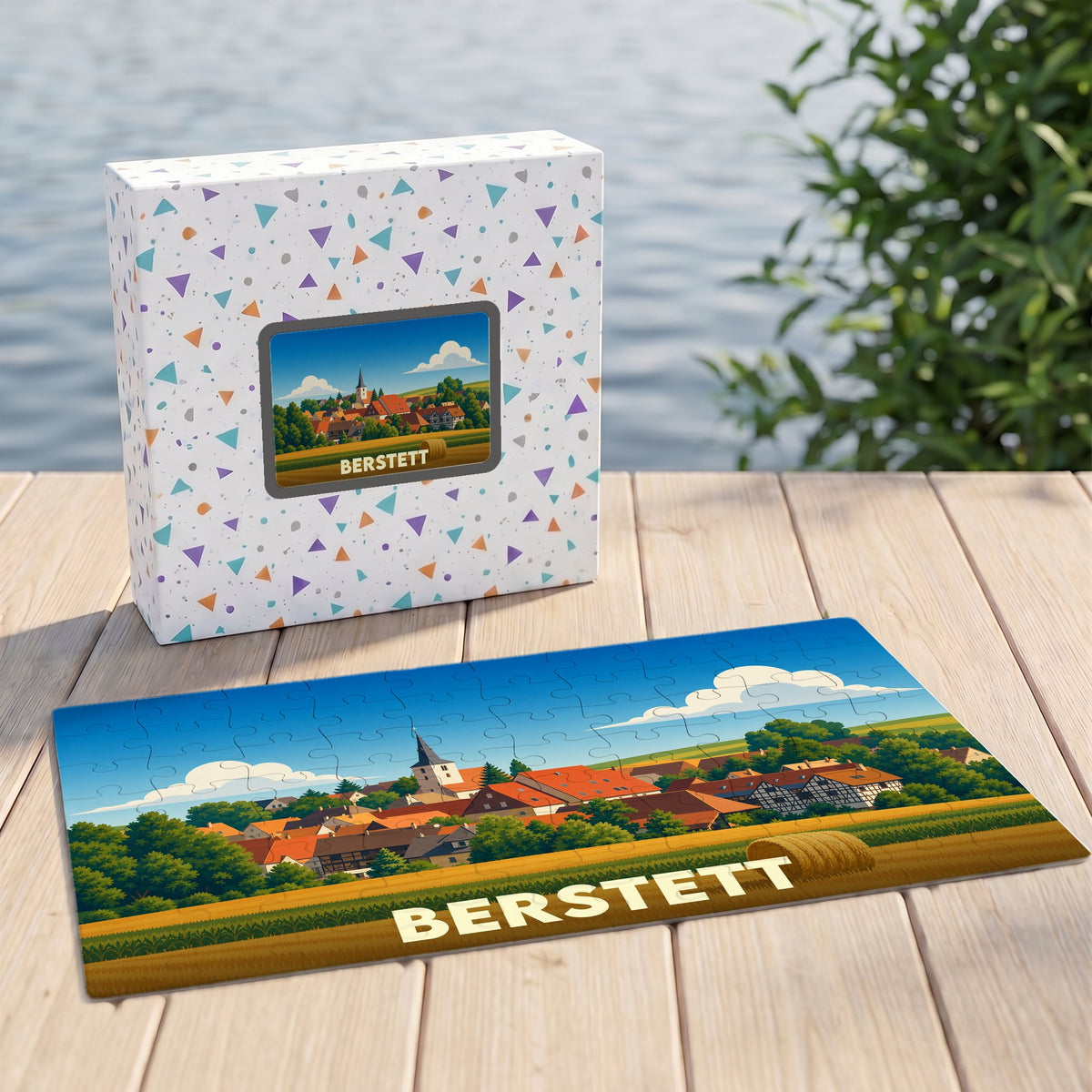 Puzzle souvenir de la ville de Berstett représentant un paysage villageois illustré.