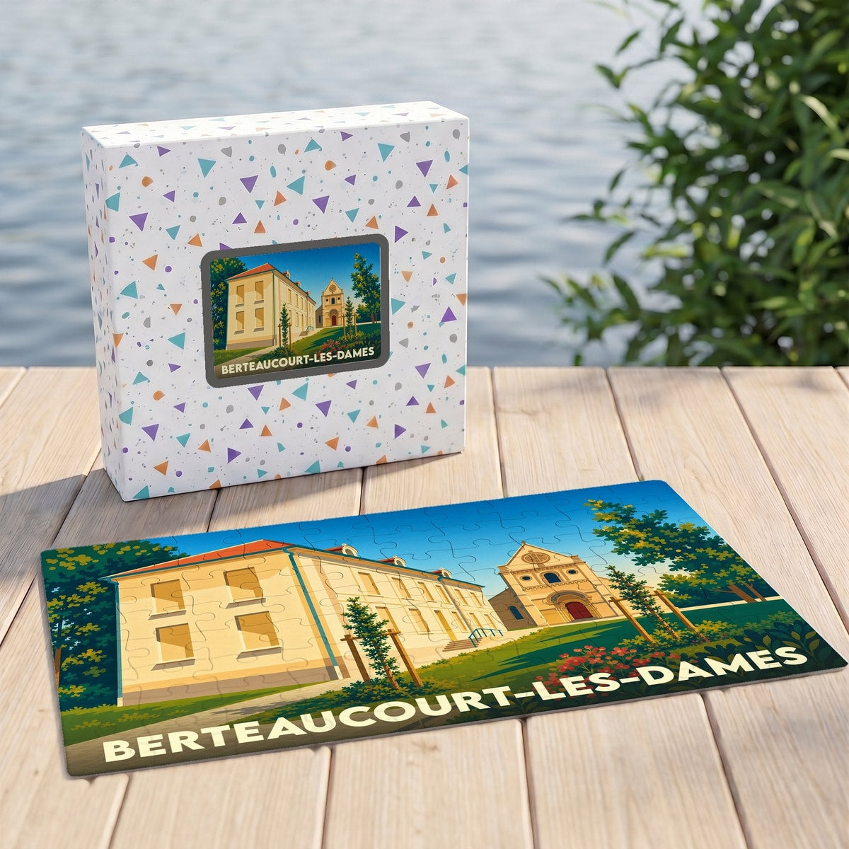 Puzzle souvenir de la ville de Berteaucourt-les-Dames avec une illustration stylisée de son patrimoine architectural.