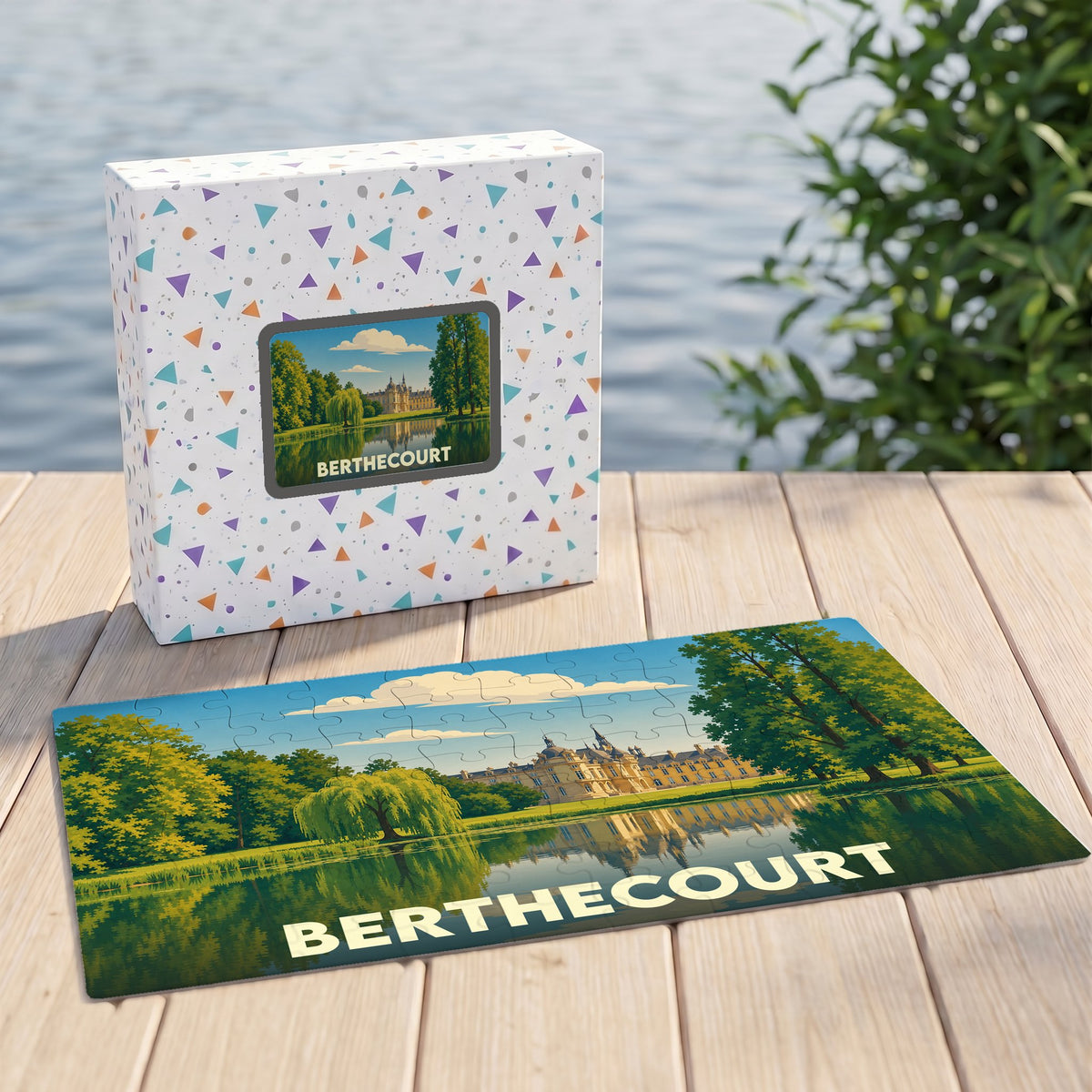 Puzzle souvenir de la ville de Berthecourt avec une illustration stylisée d'un château au bord de l'eau.