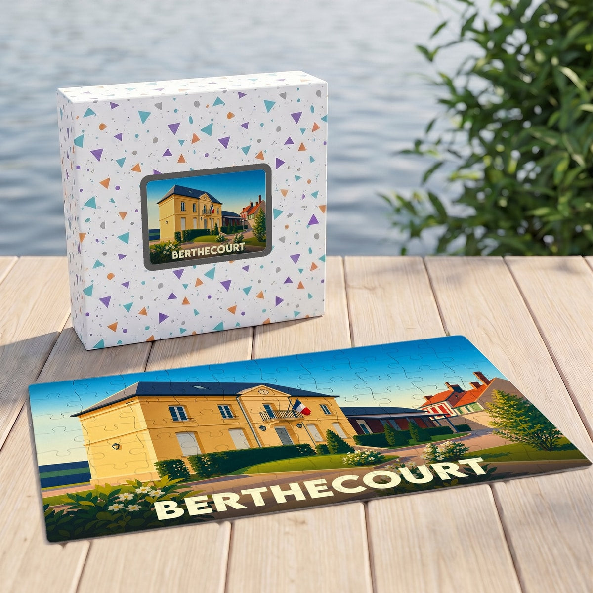Puzzle souvenir de la ville de Berthecourt avec une illustration colorée de l'hôtel de ville.