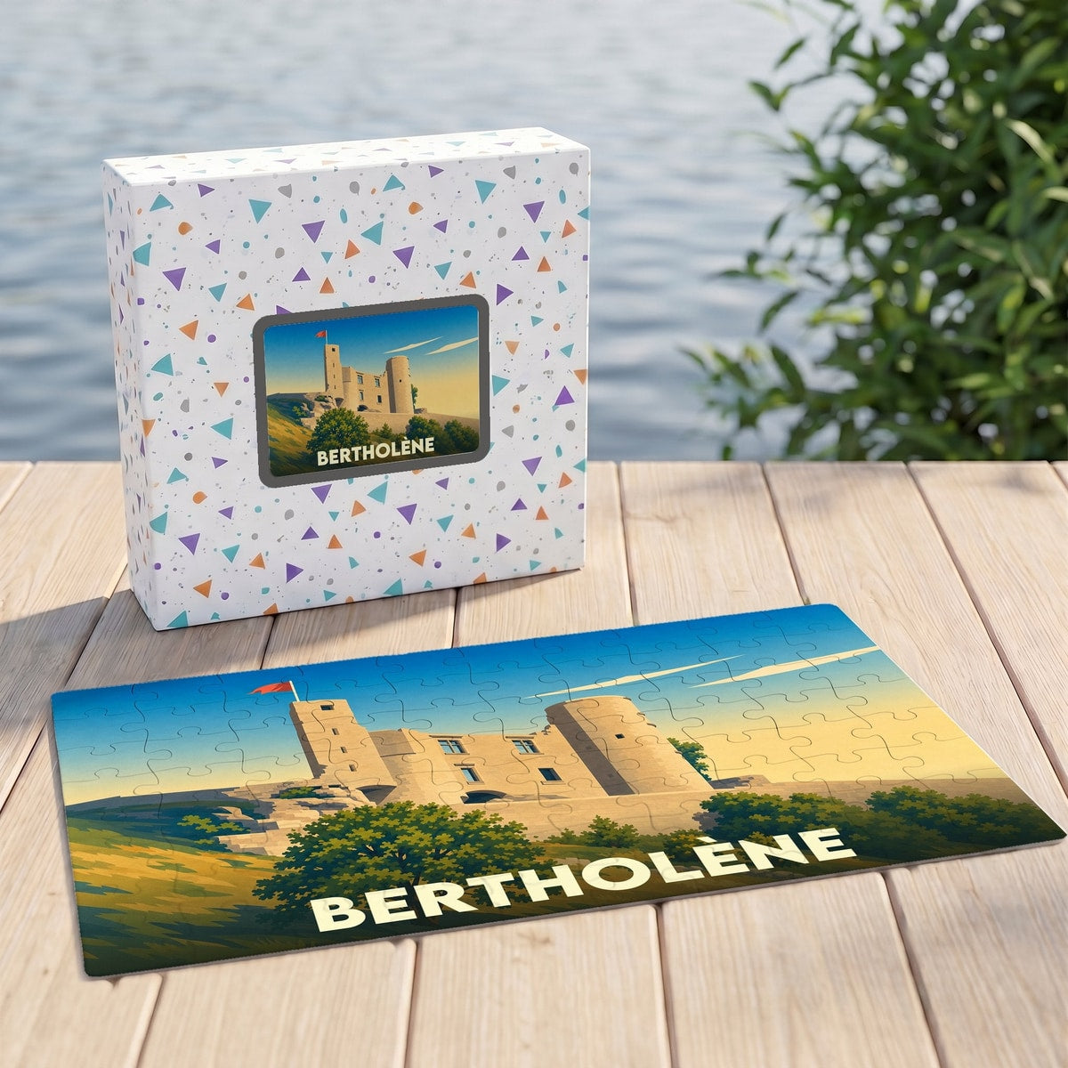 Puzzle souvenir de la ville de Bertholène avec une illustration stylisée de son château.