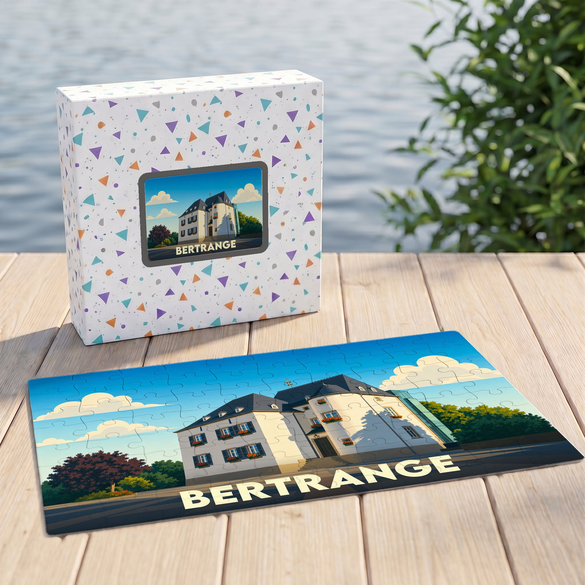 Puzzle souvenir de la ville de Bertrange avec une illustration stylisée de son architecture.