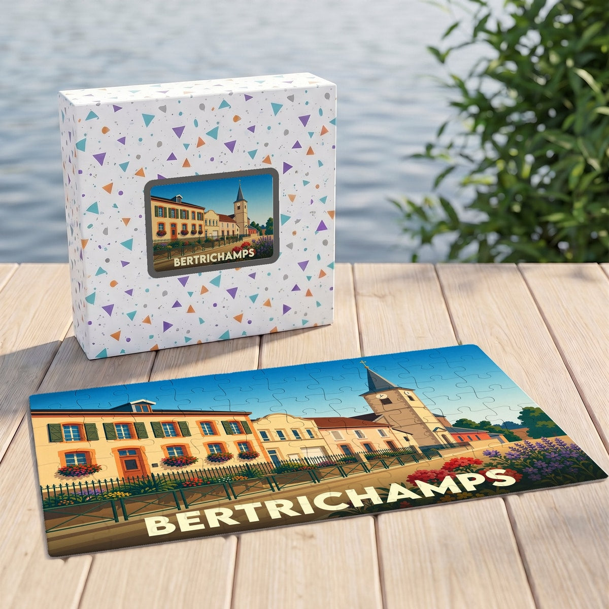Puzzle souvenir de la ville de Bertrichamps avec une illustration stylisée d'un paysage urbain.