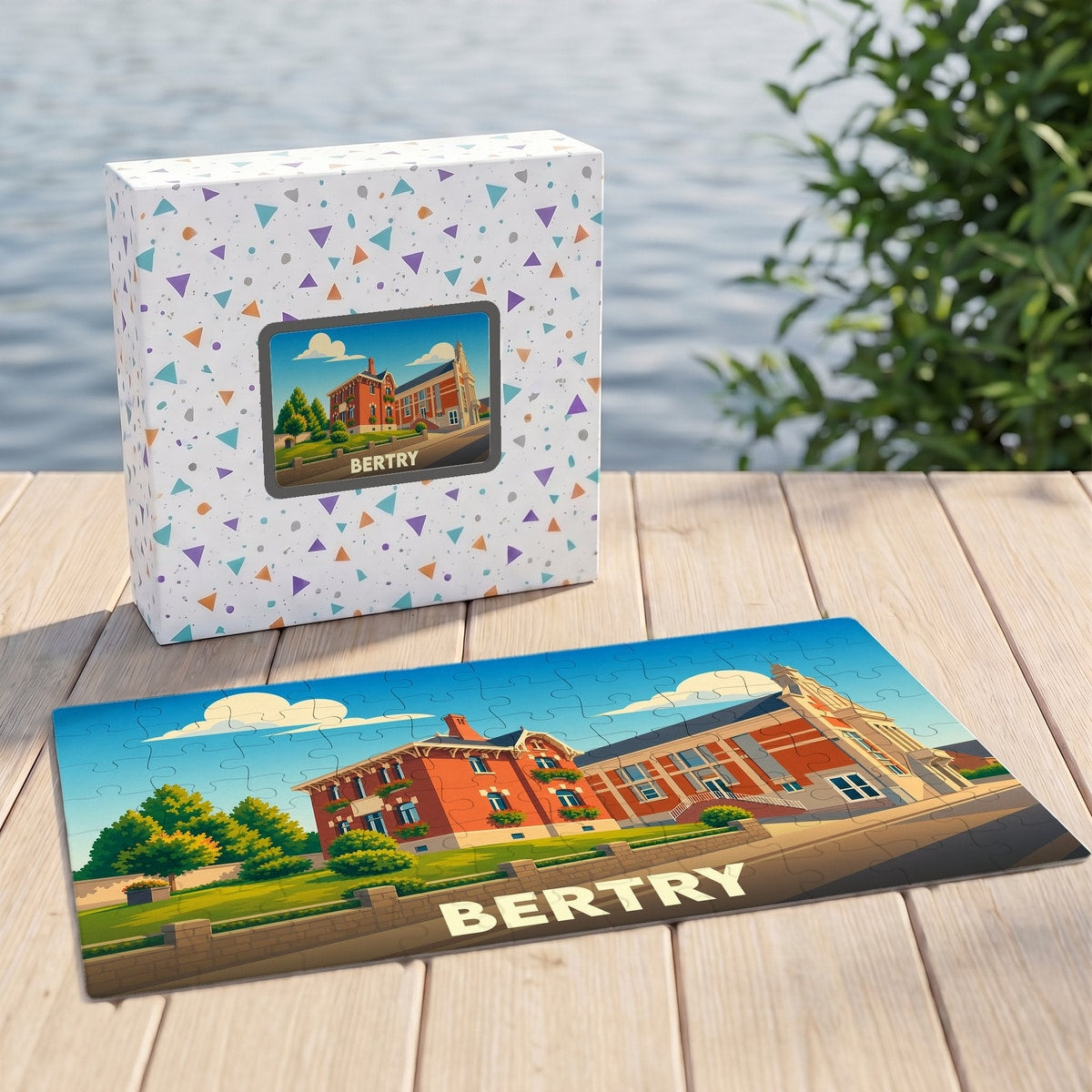 Puzzle souvenir de la ville de Bertry avec une illustration stylisée et colorée.