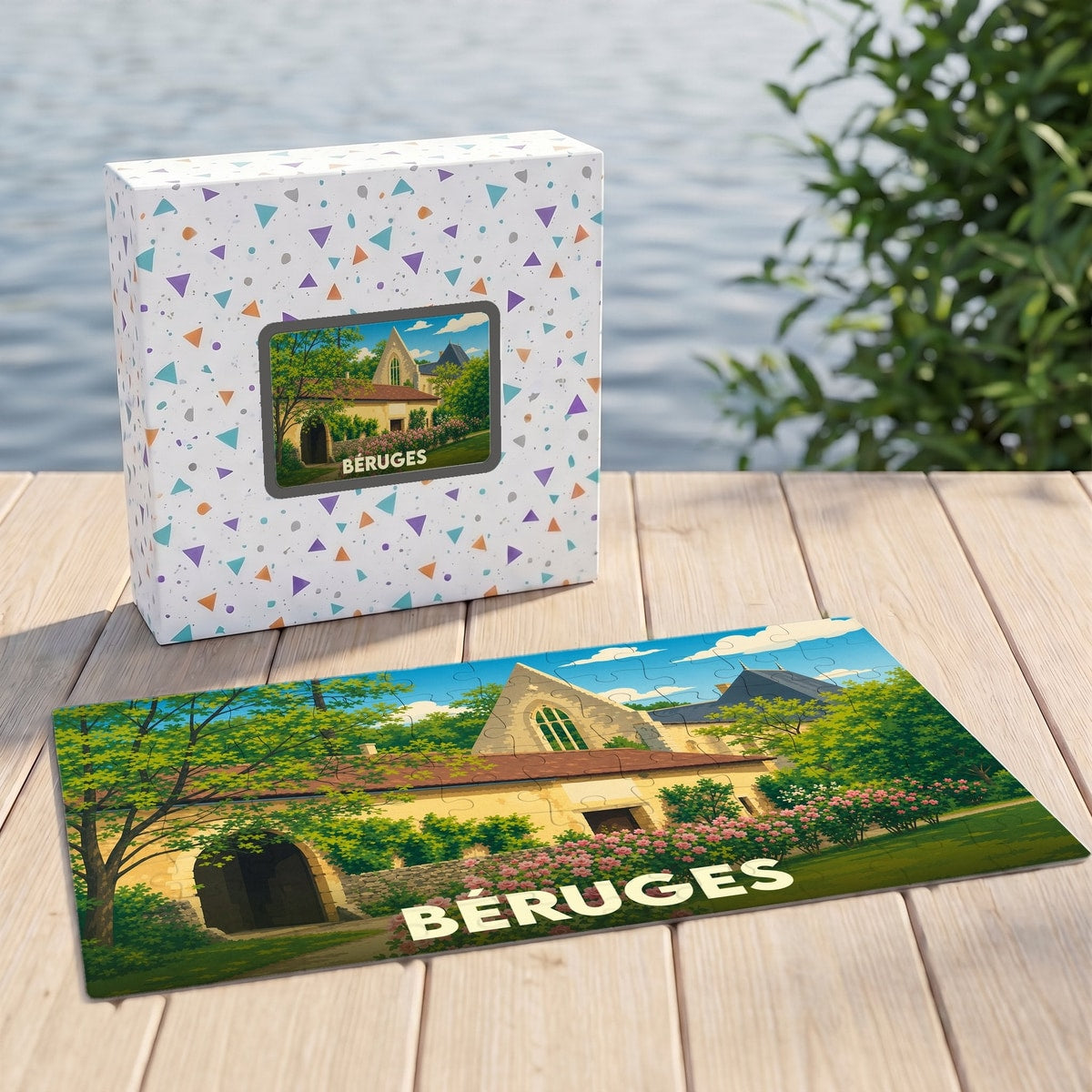 Puzzle souvenir de la ville de Béruges avec une illustration stylisée d'un bâtiment historique.