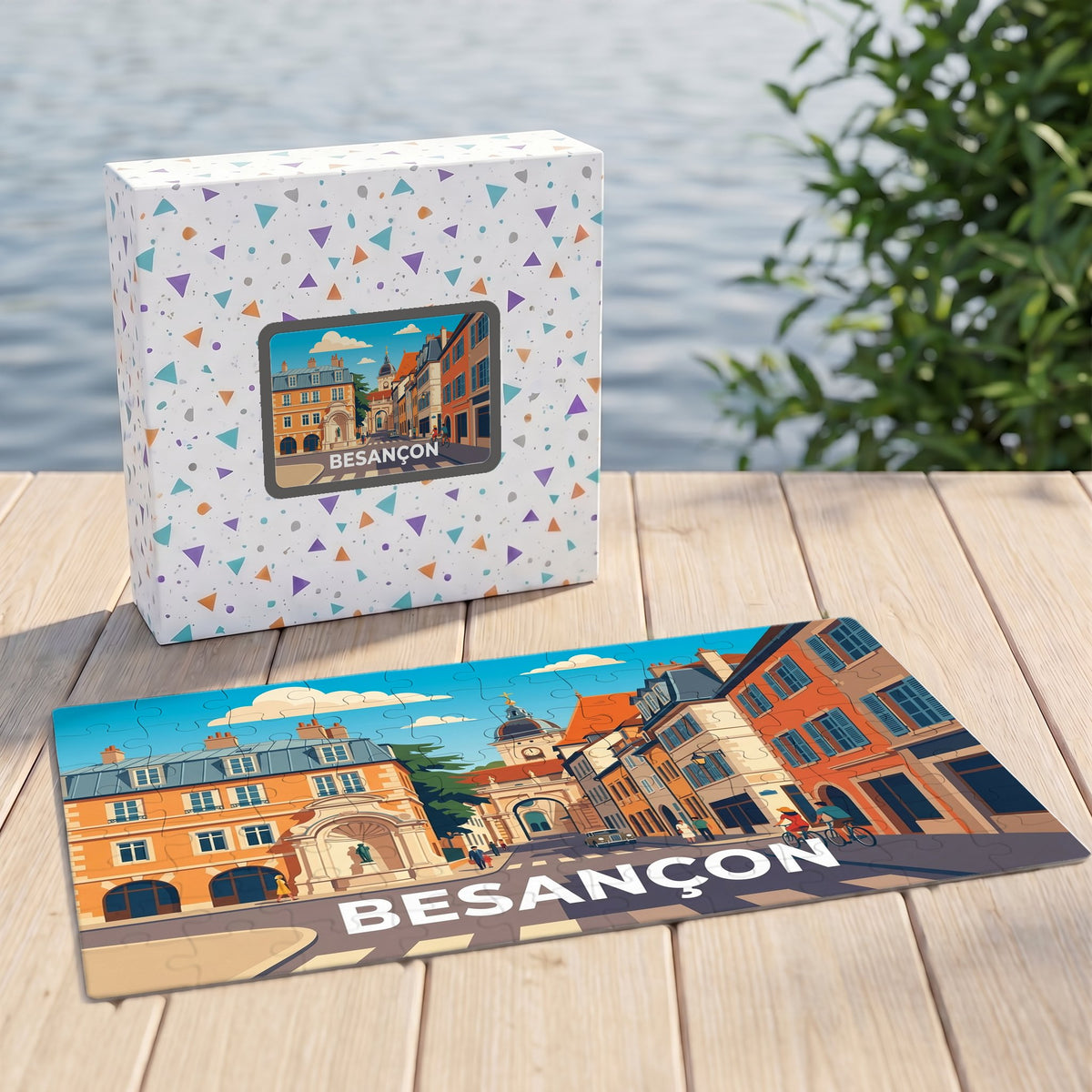 Puzzle souvenir de la ville de Besançon avec une illustration stylisée et sa boîte assortie posés sur un ponton en bois.