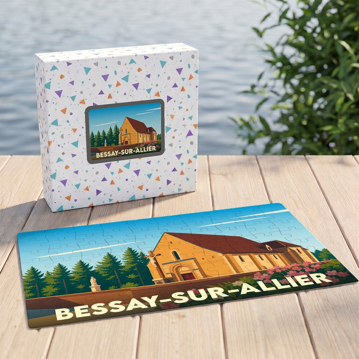 Puzzle souvenir de la ville de Bessay-sur-Allier présentant une illustration stylisée de son église.