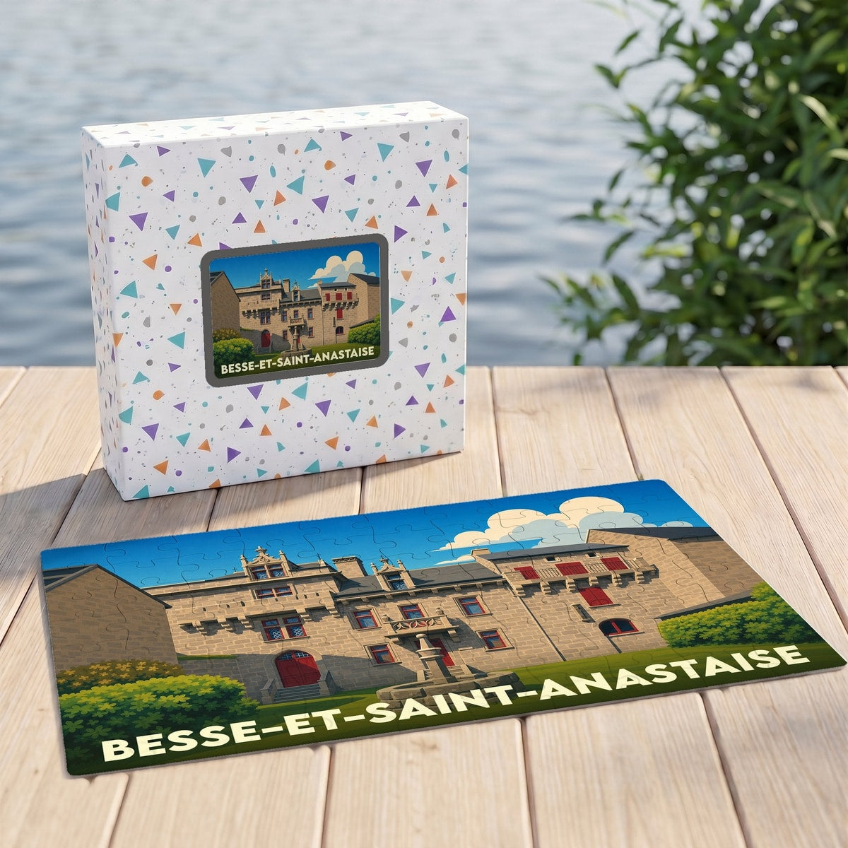 Puzzle souvenir de la ville de Besse-et-Saint-Anastaise avec une illustration stylisée d'un bâtiment historique.