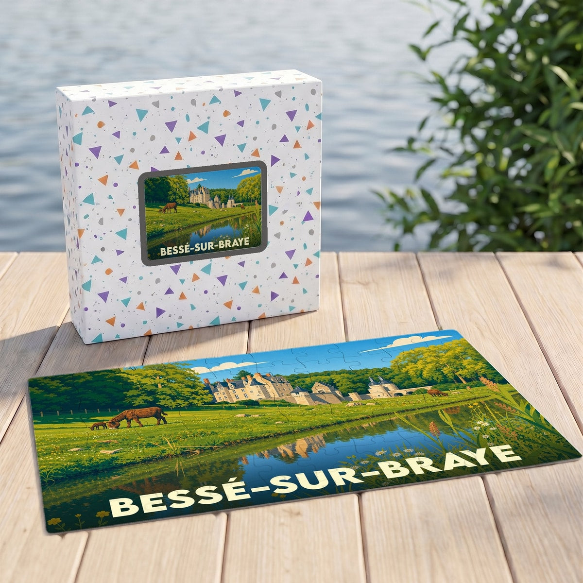 Puzzle souvenir de la ville de Bessé-sur-Braye illustré par un paysage champêtre et son château.