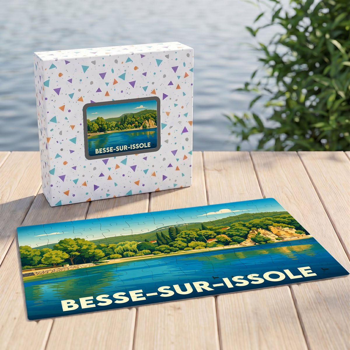 Puzzle souvenir de la ville de Besse-sur-Issole avec une illustration stylisée de son lac et de ses paysages.
