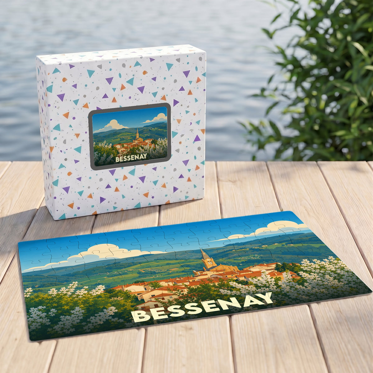 Puzzle souvenir de la ville de Bessenay avec une illustration paysagère stylisée.