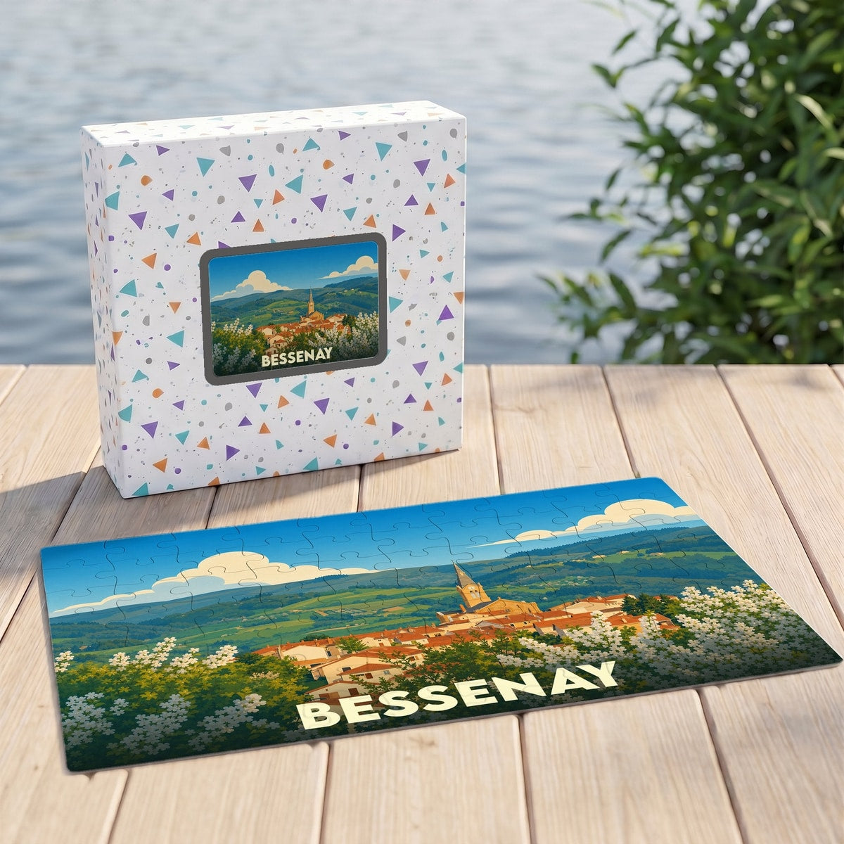 Puzzle souvenir de la ville de Bessenay représentant un paysage illustré du village et de son église.