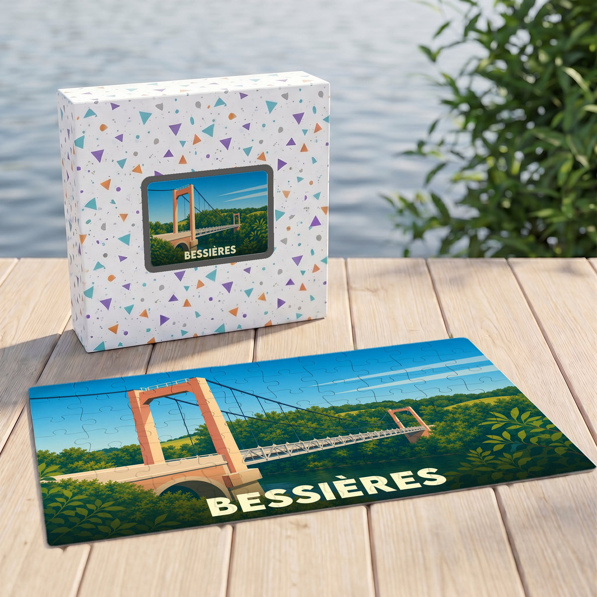Puzzle souvenir de la ville de Bessières avec une illustration stylisée de son pont suspendu.