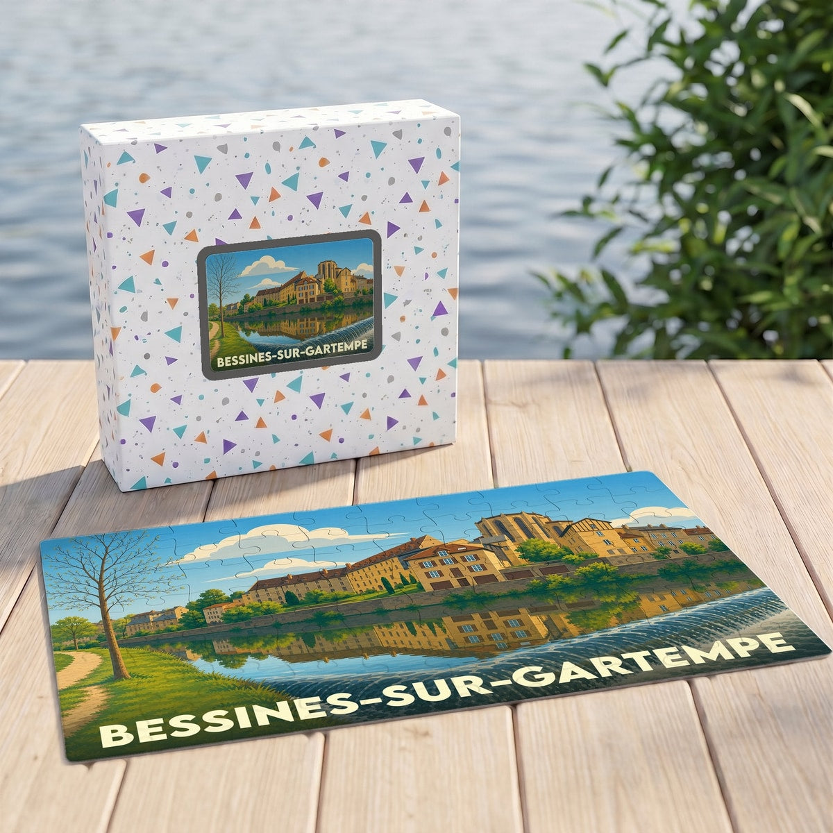 Puzzle souvenir de la ville de Bessines-sur-Gartempe avec une illustration stylisée de ses monuments au bord de l'eau.
