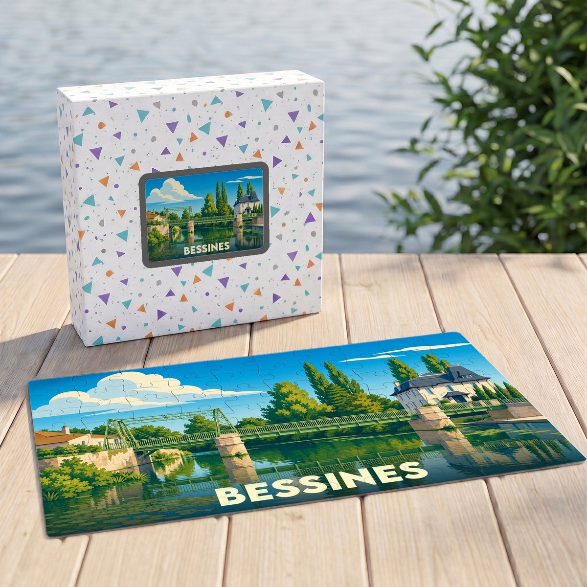 Puzzle souvenir de la ville de Bessines avec une illustration stylisée d'un pont et de son paysage fluvial.