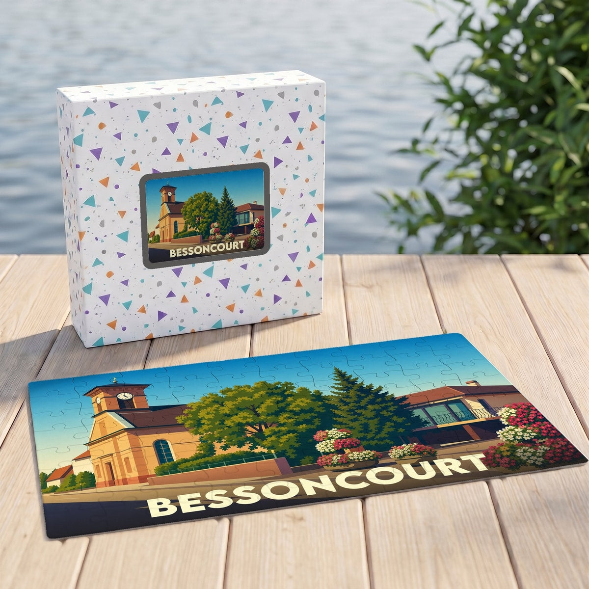 Puzzle souvenir de la ville de Bessoncourt avec une illustration colorée et stylisée de son église.