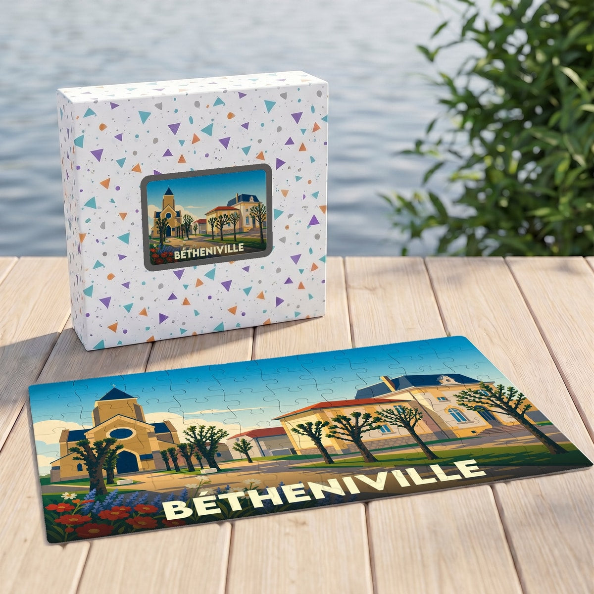 Puzzle souvenir de la ville de Bétheniville avec une illustration stylisée d'un paysage urbain.