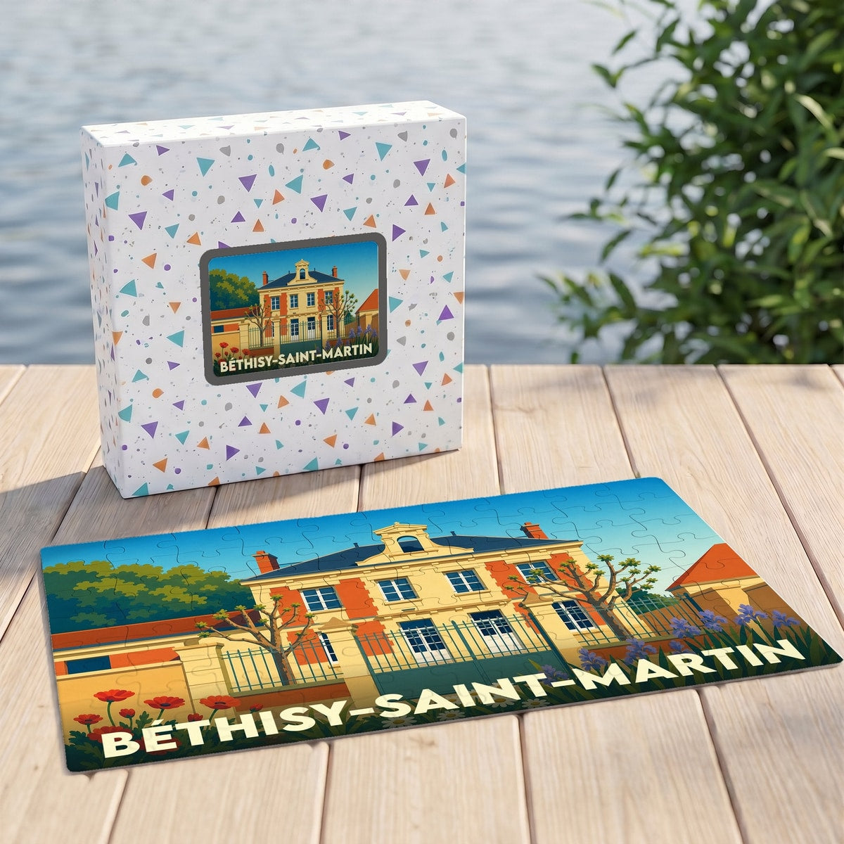 Puzzle souvenir de la ville de Béthisy-Saint-Martin avec une illustration stylisée de son patrimoine.
