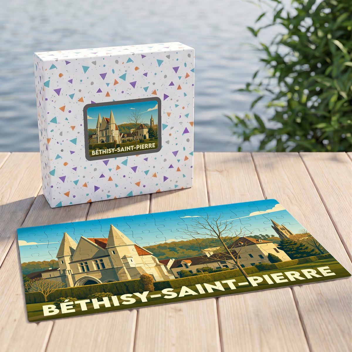 Puzzle souvenir de la ville de Béthisy-Saint-Pierre avec une illustration stylisée de son patrimoine architectural.