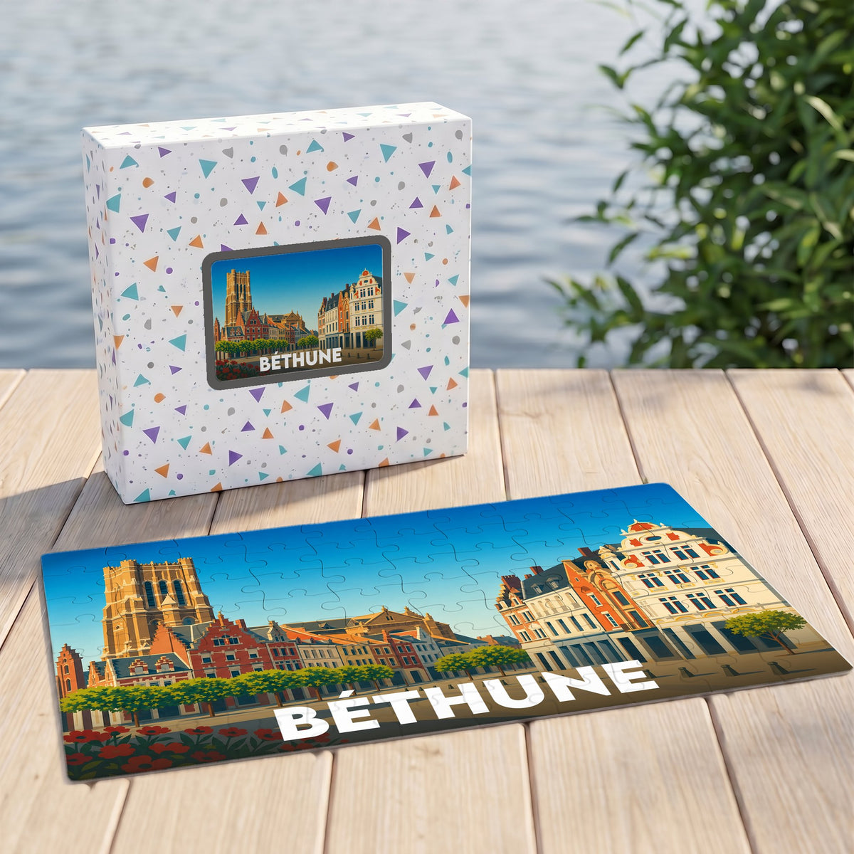 Puzzle souvenir de la ville de Béthune avec une illustration stylisée de son architecture emblématique.