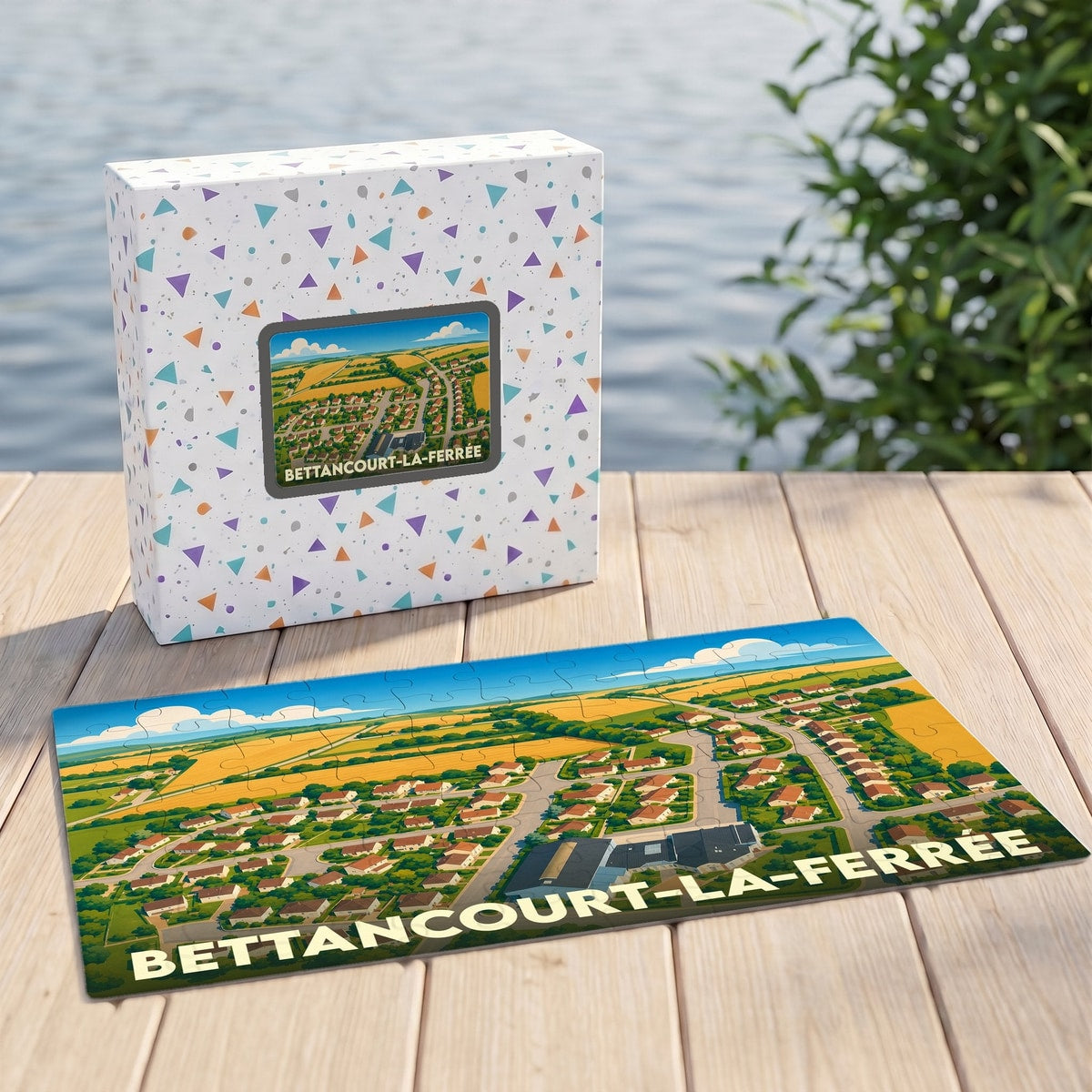 Puzzle souvenir de la ville de Bettancourt-la-Ferrée avec une illustration aérienne colorée.