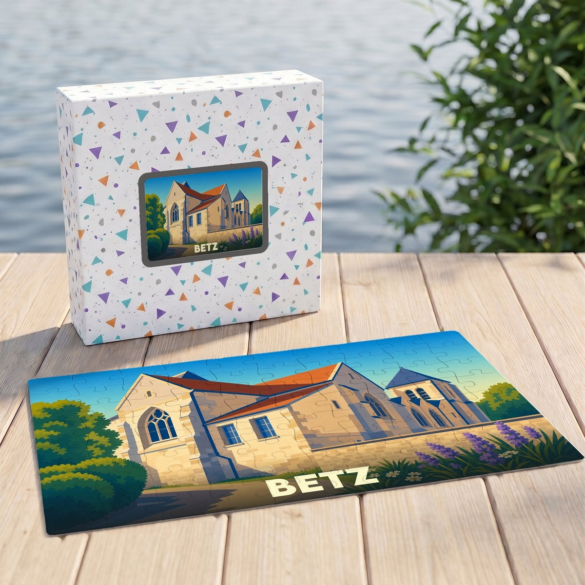 Puzzle souvenir de la ville de Betz avec une illustration stylisée de son église.