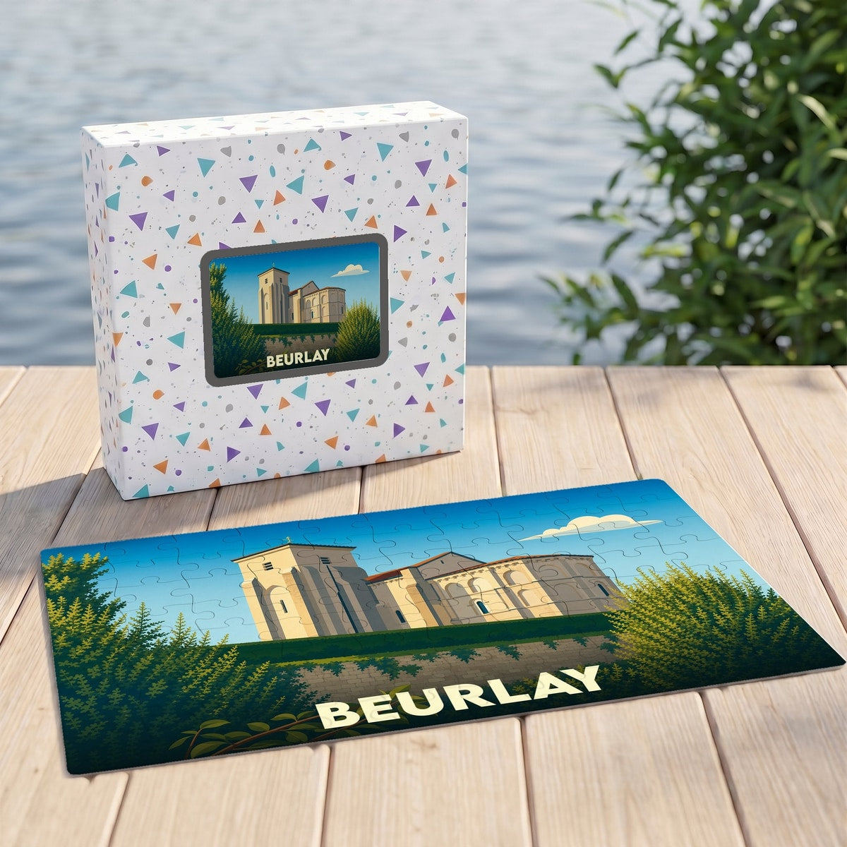 Puzzle souvenir de la ville de Beurlay illustrant une église de style roman.