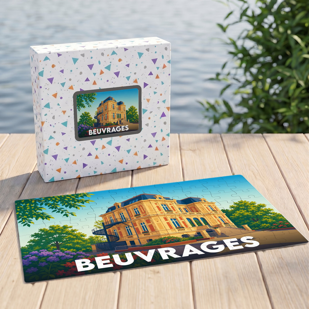 Puzzle souvenir de la ville de Beuvrages avec une illustration colorée d'un bâtiment historique.