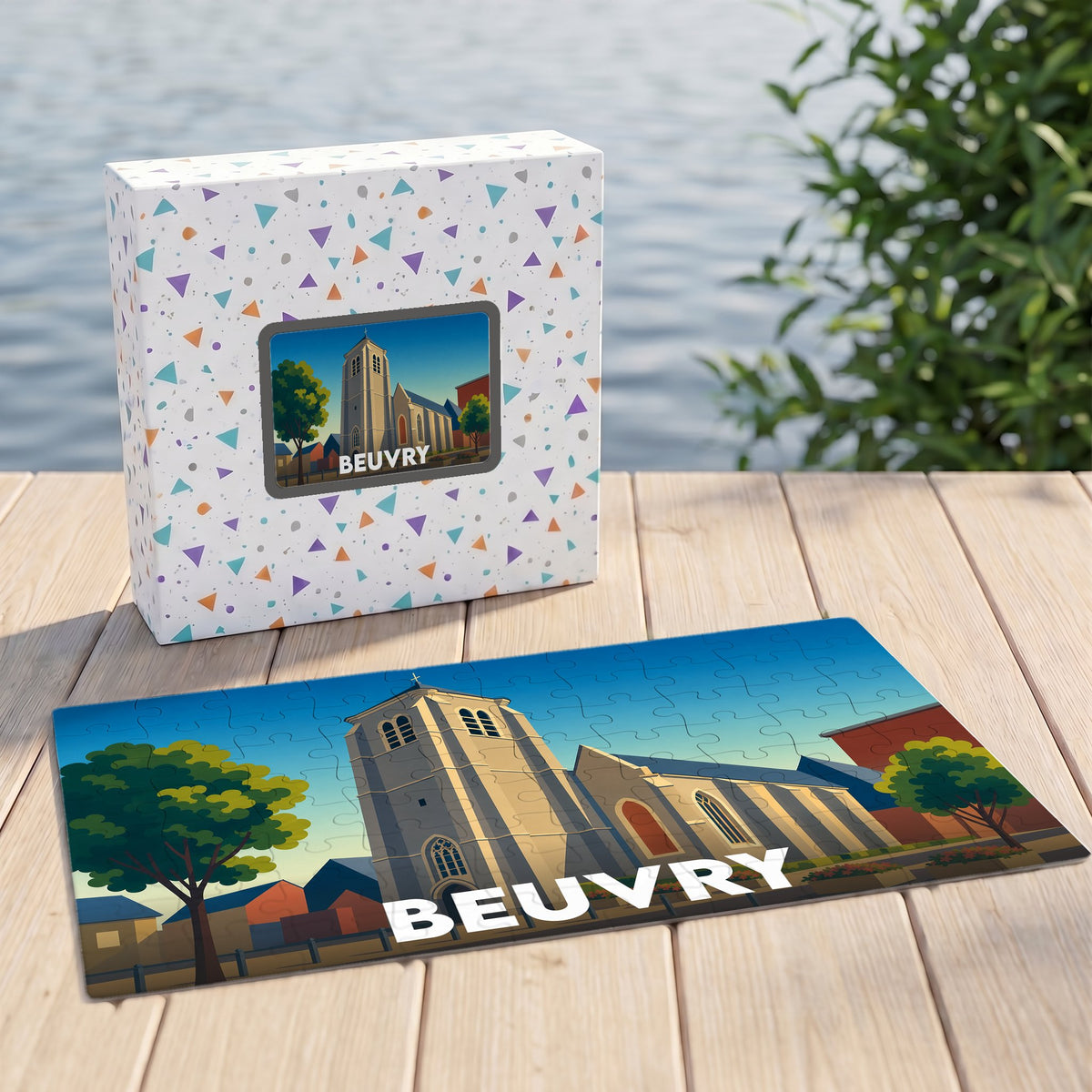 Puzzle souvenir de la ville de Beuvry avec une illustration stylisée de son église, présenté avec sa boîte assortie.