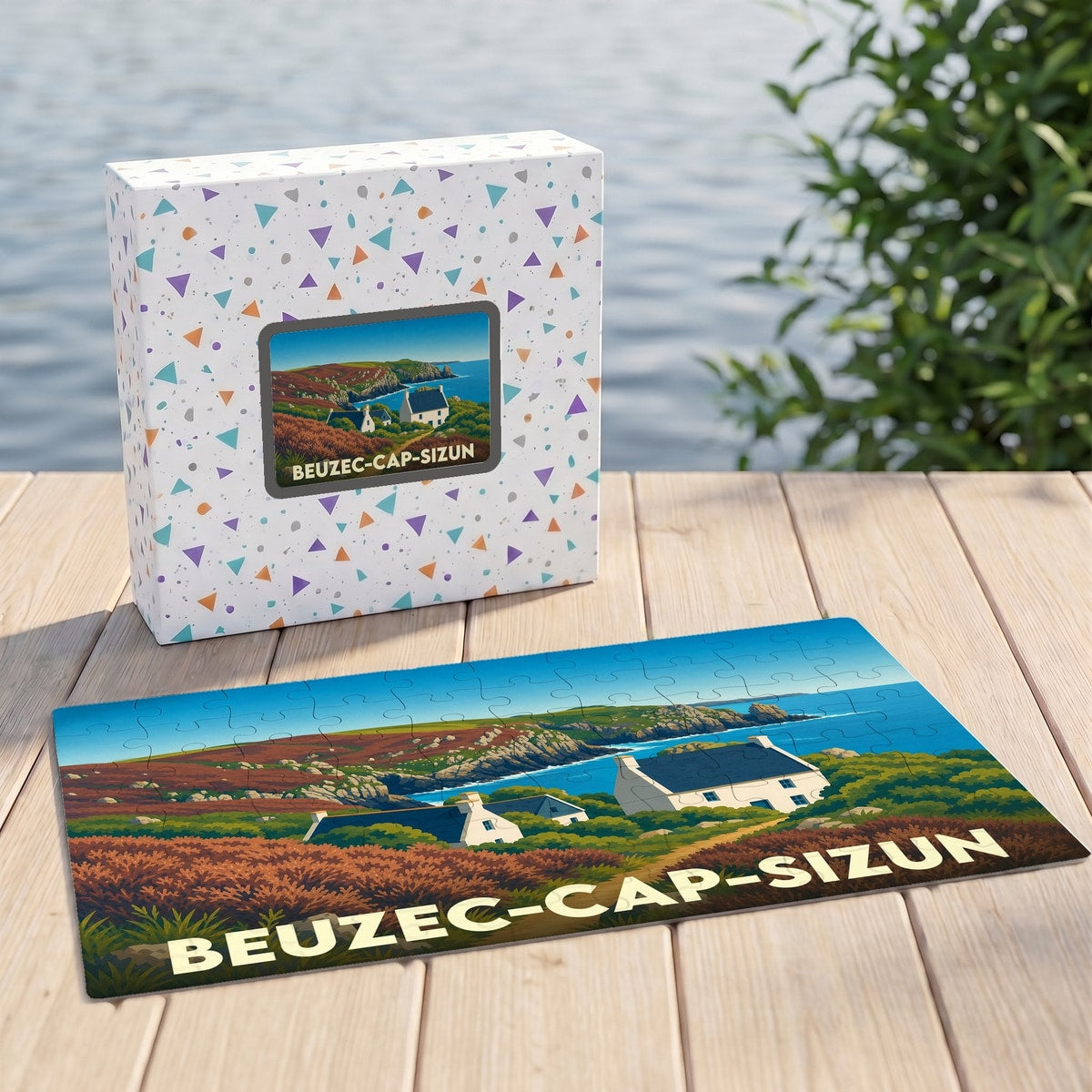 Puzzle souvenir de la ville de Beuzec-Cap-Sizun avec une illustration stylisée de son littoral et de maisons traditionnelles.