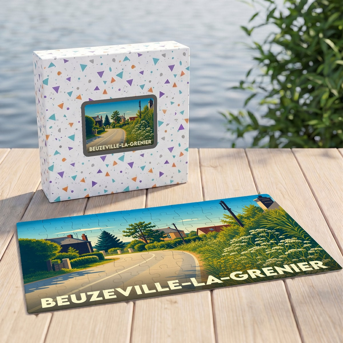 Puzzle souvenir de la ville de Beuzeville-la-Grenier avec une illustration stylisée de ses paysages.