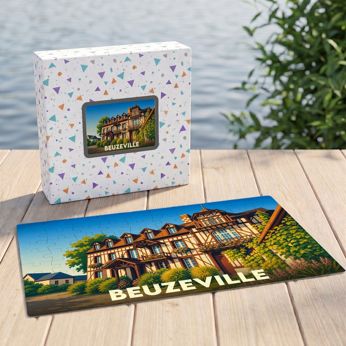 Puzzle souvenir de la ville de Beuzeville avec une illustration colorée d'un bâtiment à colombages.