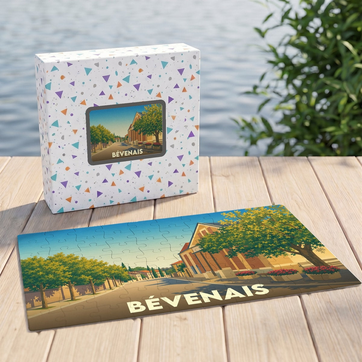 Puzzle souvenir de la ville de Bévenais avec une illustration stylisée et colorée.
