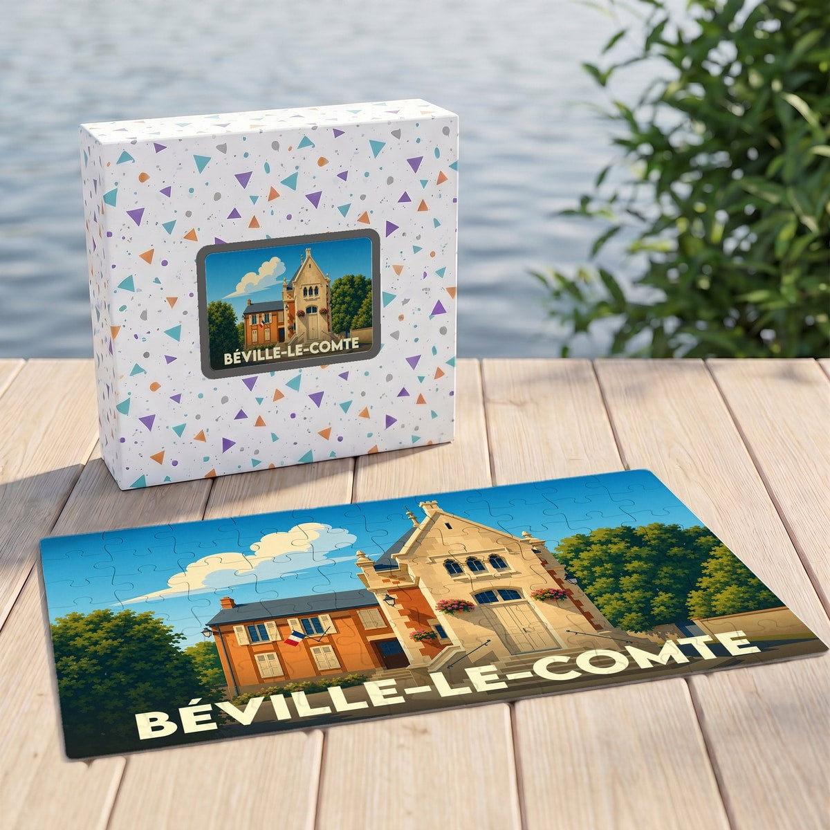 Puzzle souvenir de la ville de Béville-le-Comte avec une illustration stylisée de son hôtel de ville.