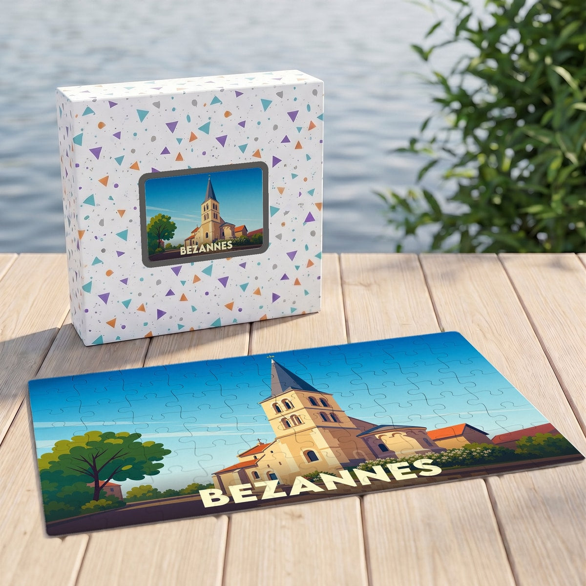 Puzzle souvenir de la ville de Bezannes avec une illustration stylisée de son église.