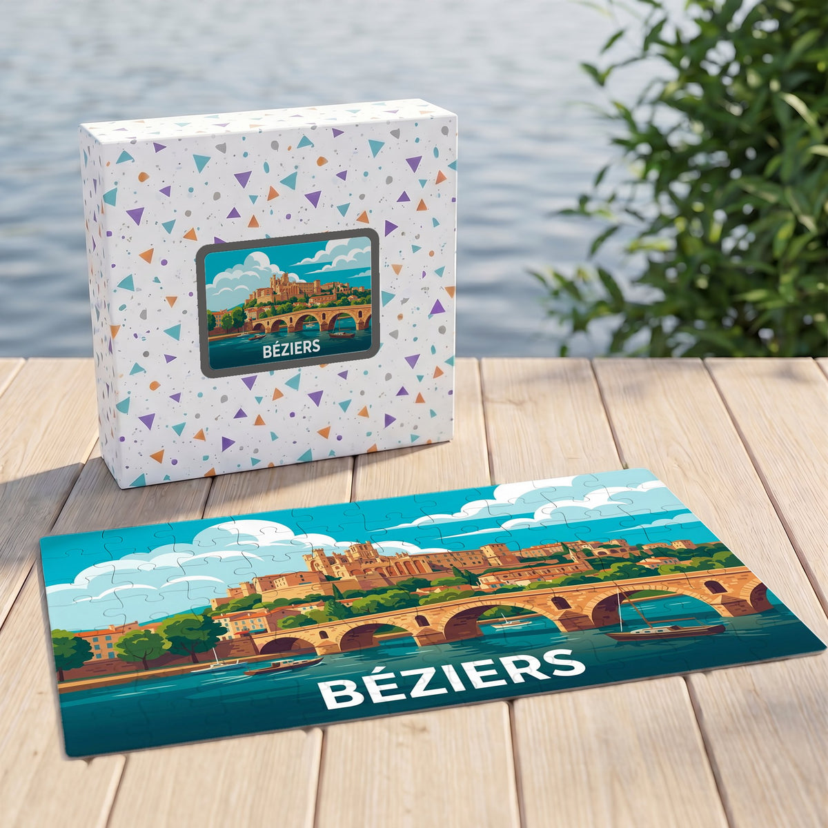 Puzzle souvenir de la ville de Béziers avec une illustration stylisée de son pont et de sa cathédrale.