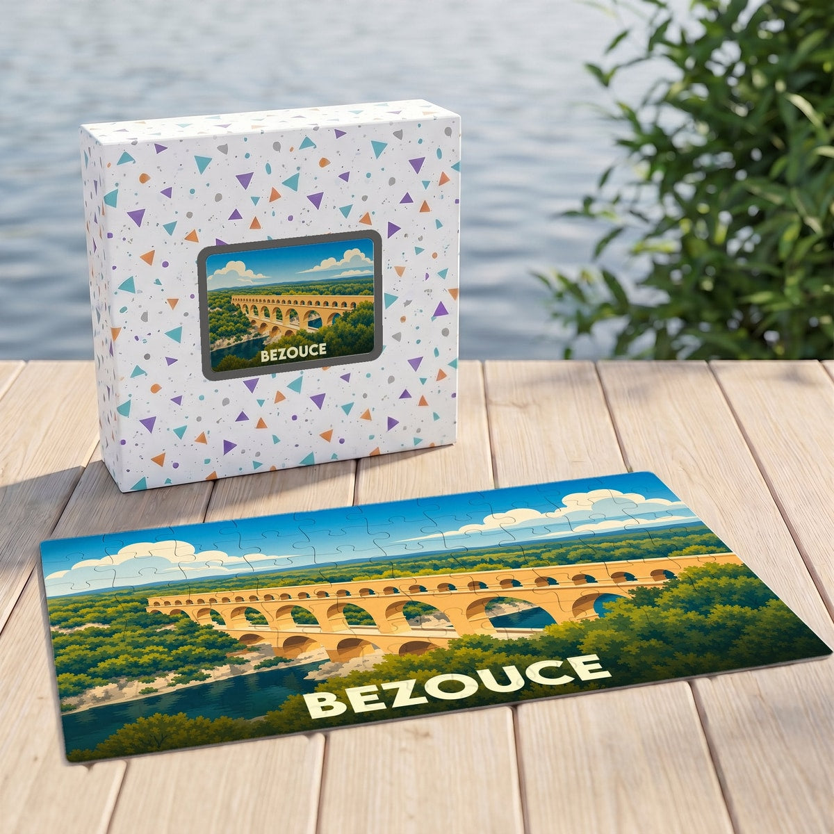 Puzzle souvenir de la ville de Bezouce illustrant un aqueduc romain entouré de végétation.