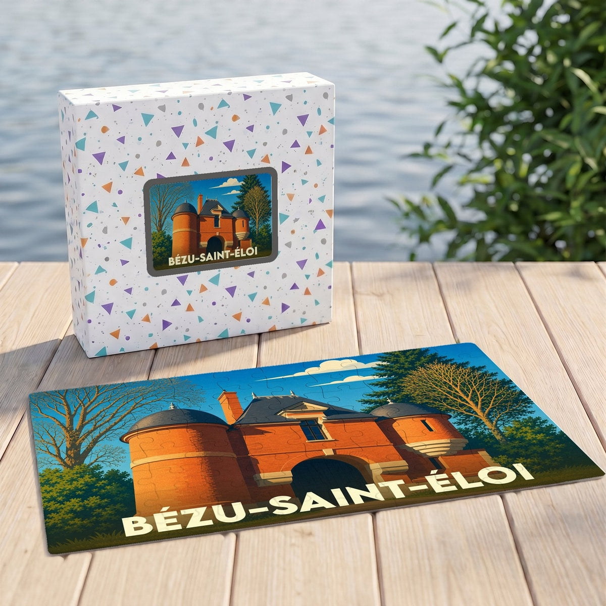 Puzzle souvenir de la ville de Bézu-Saint-Éloi avec une illustration stylisée d'un manoir en briques.