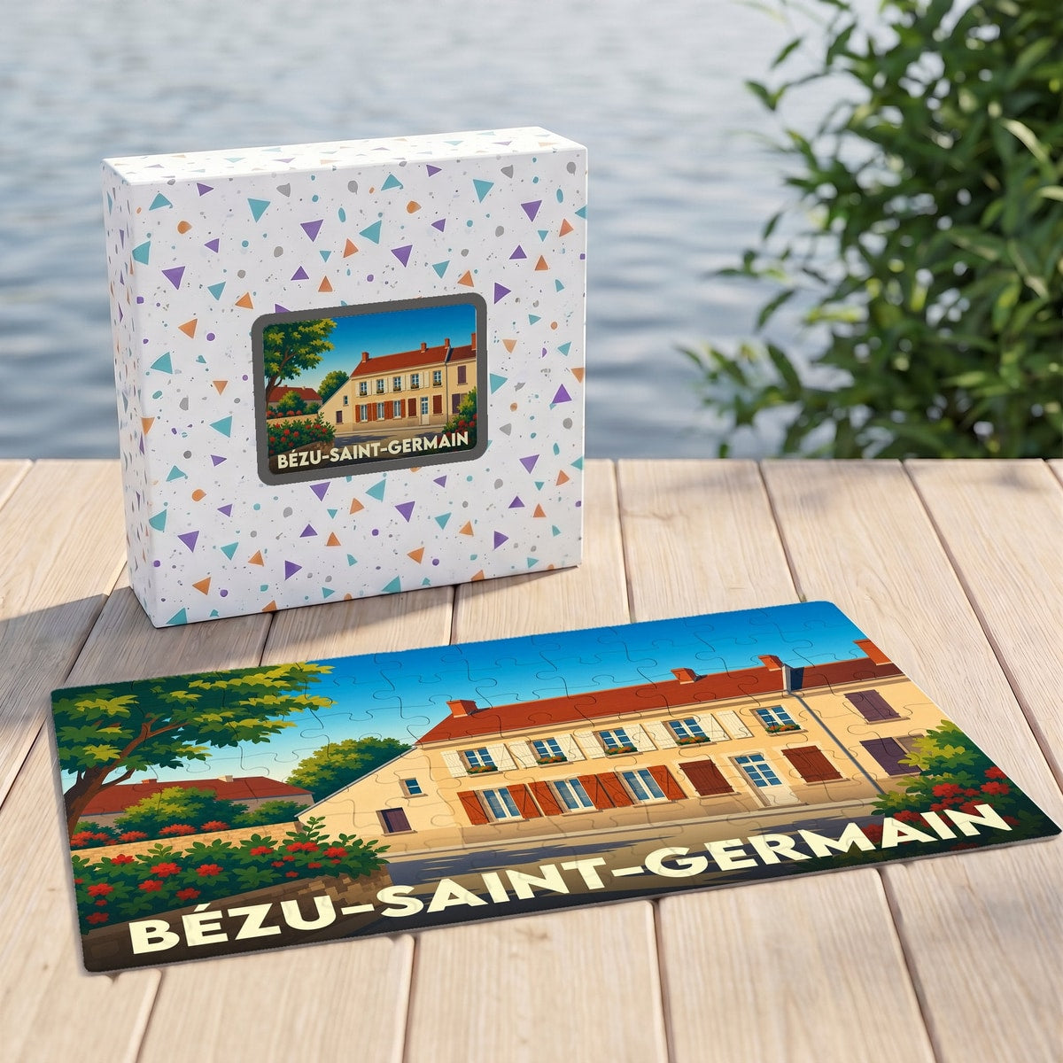 Puzzle souvenir de la ville de Bézu-Saint-Germain avec une illustration colorée d'une maison traditionnelle.