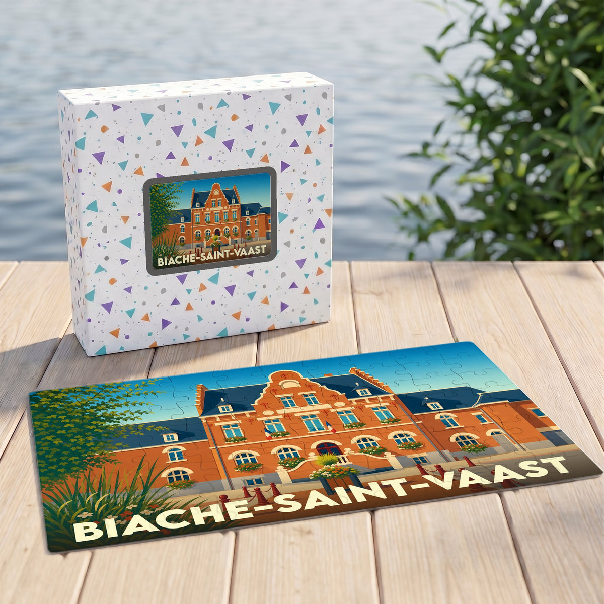 Puzzle souvenir de la ville de Biache-Saint-Vaast avec une illustration stylisée de l'hôtel de ville.