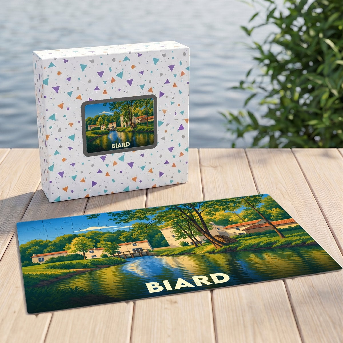 Puzzle souvenir de la ville de Biard avec son illustration paysagère et sa boîte assortie.
