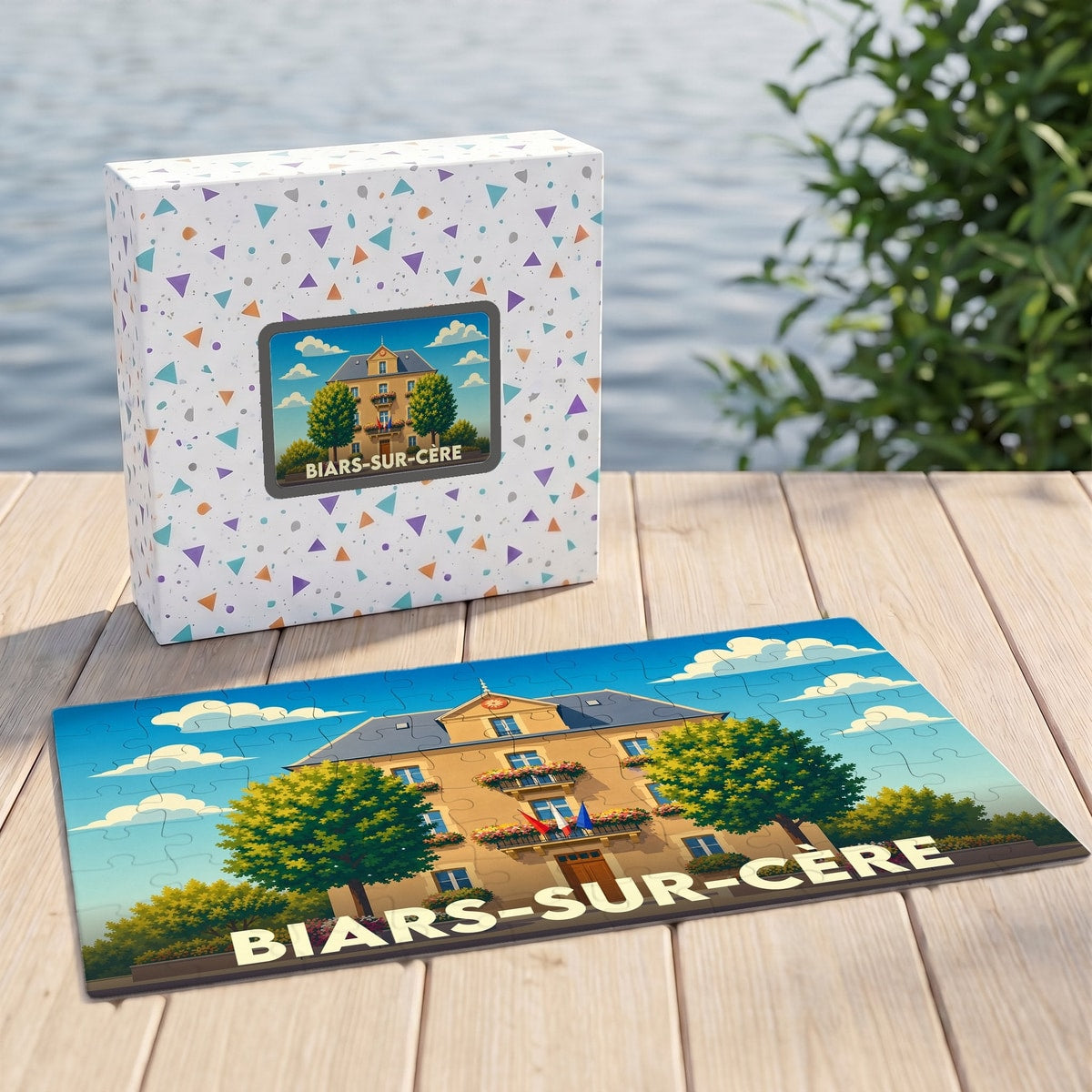 Puzzle souvenir de la ville de Biars-sur-Cère avec une illustration stylisée de son hôtel de ville.