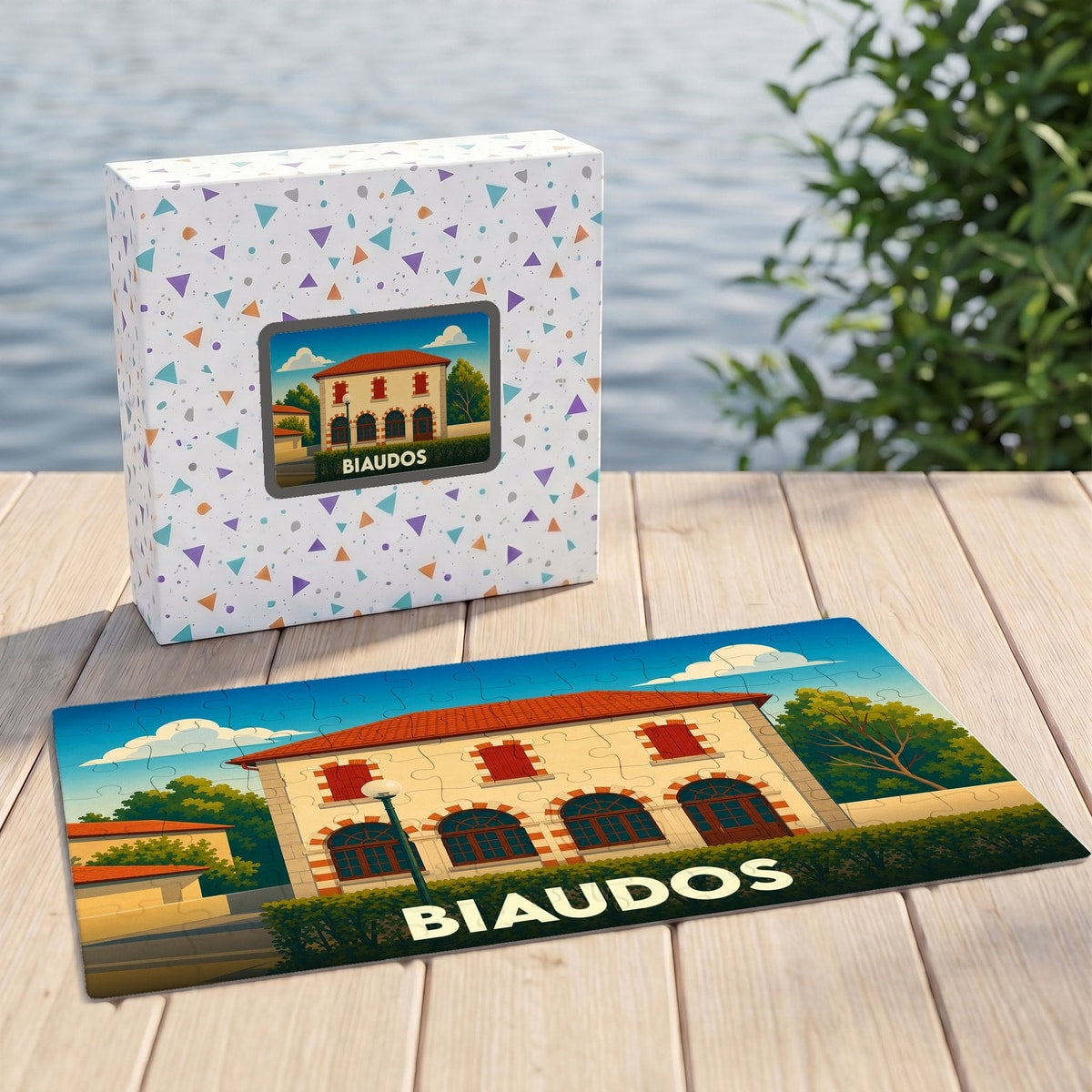Puzzle souvenir de la ville de Biaudos illustrant une bâtisse traditionnelle aux volets rouges.