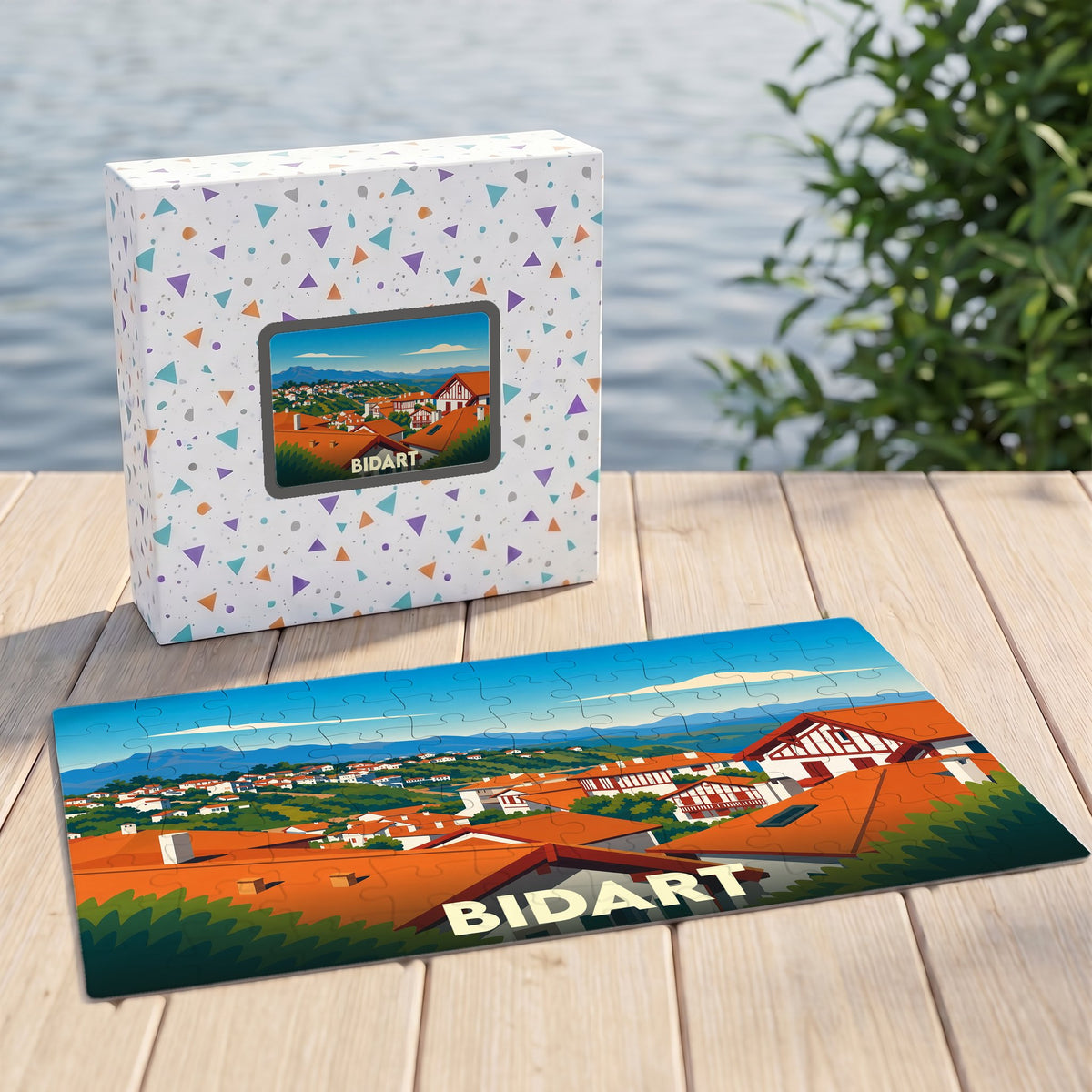 Puzzle souvenir de la ville de Bidart représentant une illustration colorée de ses maisons basques typiques.