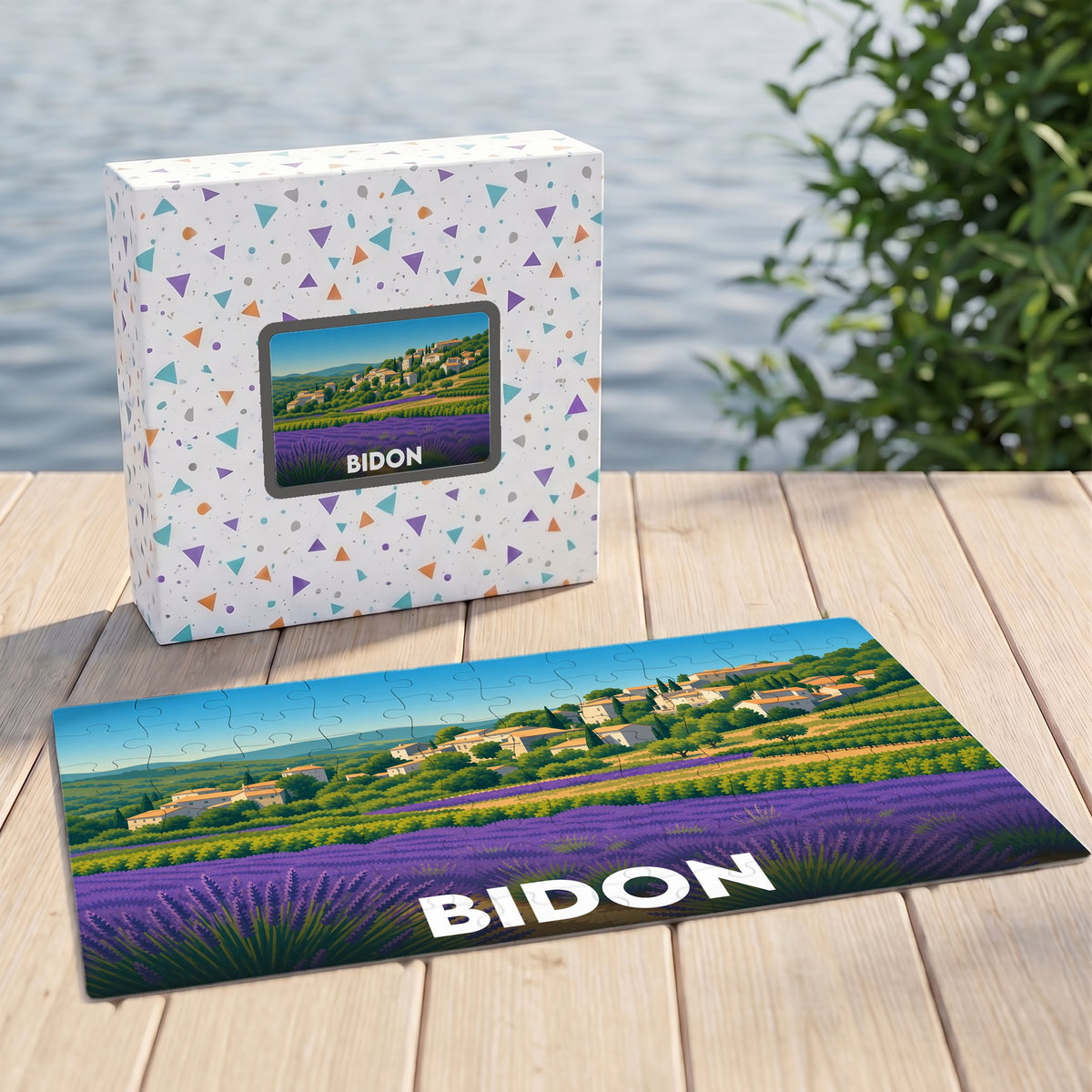 Puzzle souvenir de la ville de Bidon représentant un paysage de lavande et de village provençal.