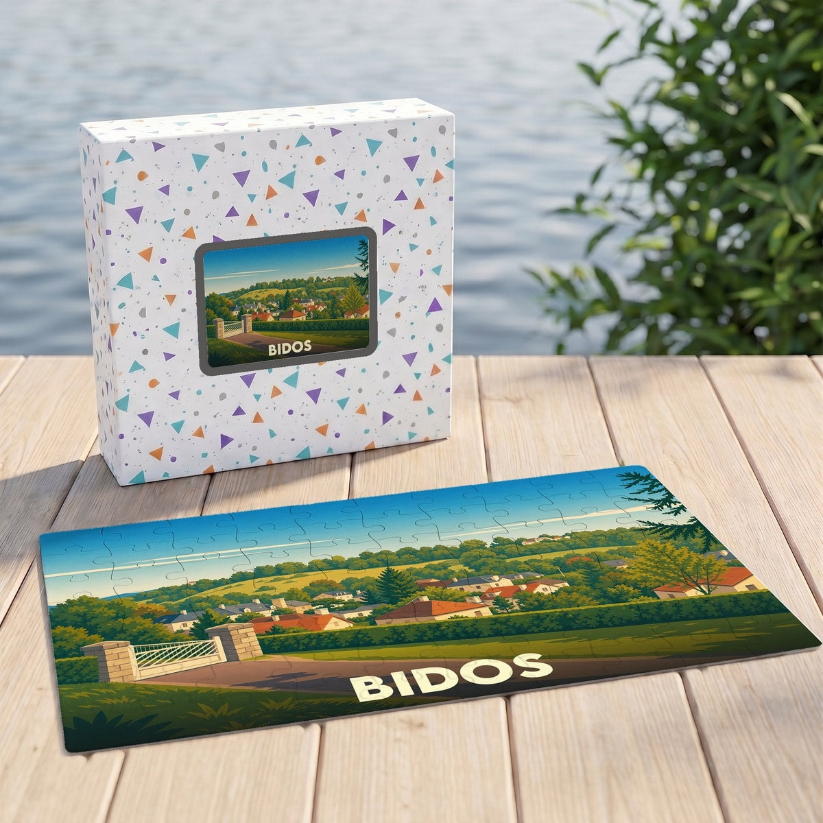 Puzzle souvenir de la ville de Bidos avec une illustration stylisée de son paysage urbain verdoyant.