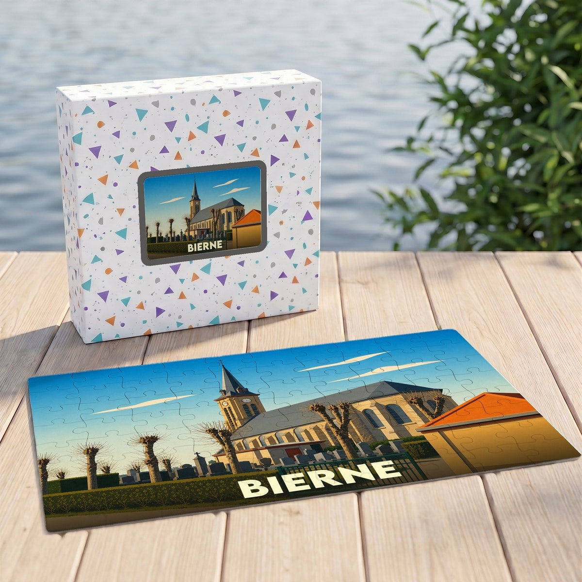 Puzzle souvenir de la ville de Bierne avec une illustration stylisée de son église et de son paysage.
