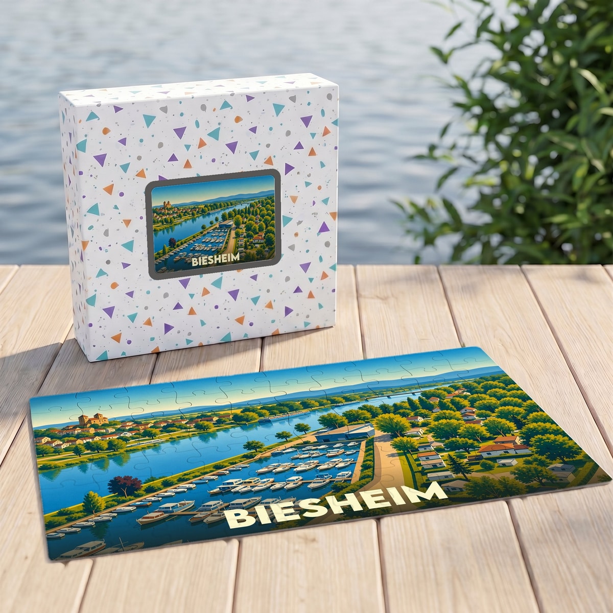 Puzzle souvenir de la ville de Biesheim représentant son port de plaisance dans un style illustré.